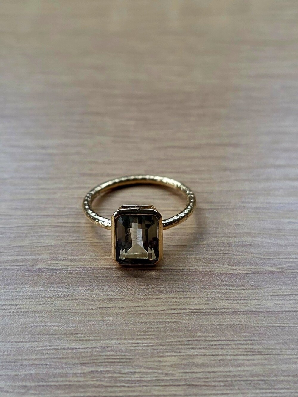 Gold Tone Ring with Rectangular Smoky Gemstone. 925.  14kt Plated.